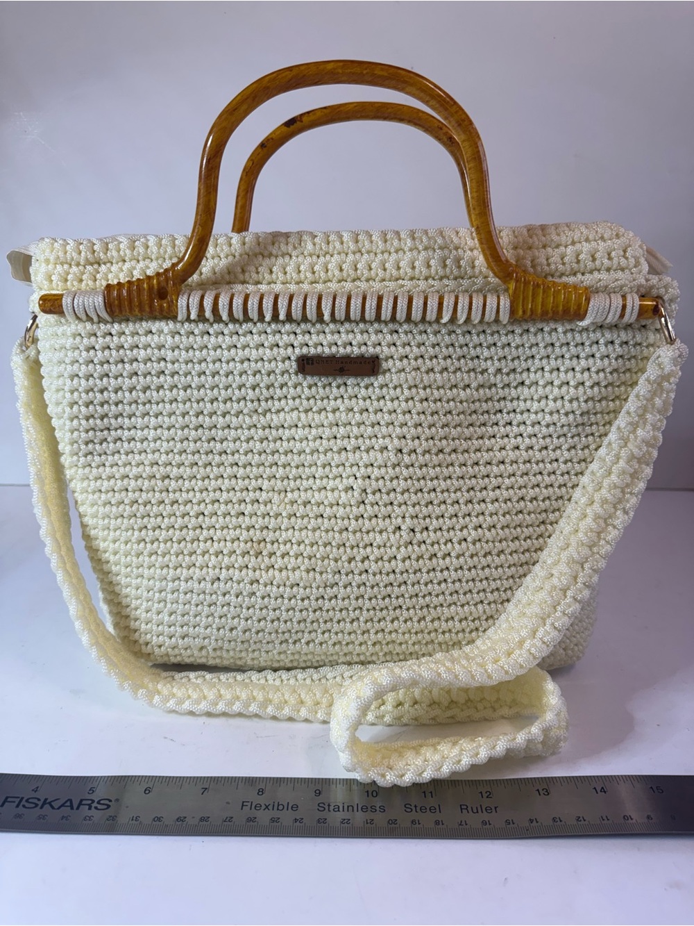 Cream Crochet Tote Bag with Amber Handles